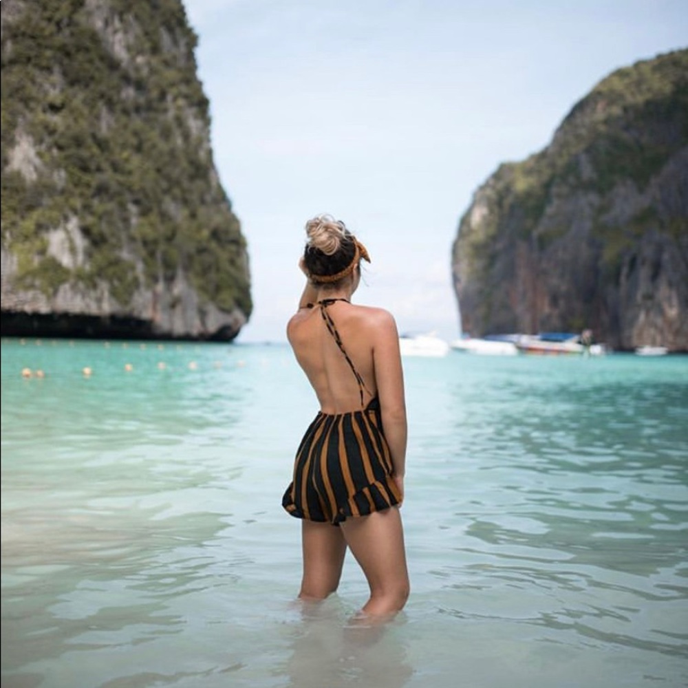 Green and Mustard Striped Romper